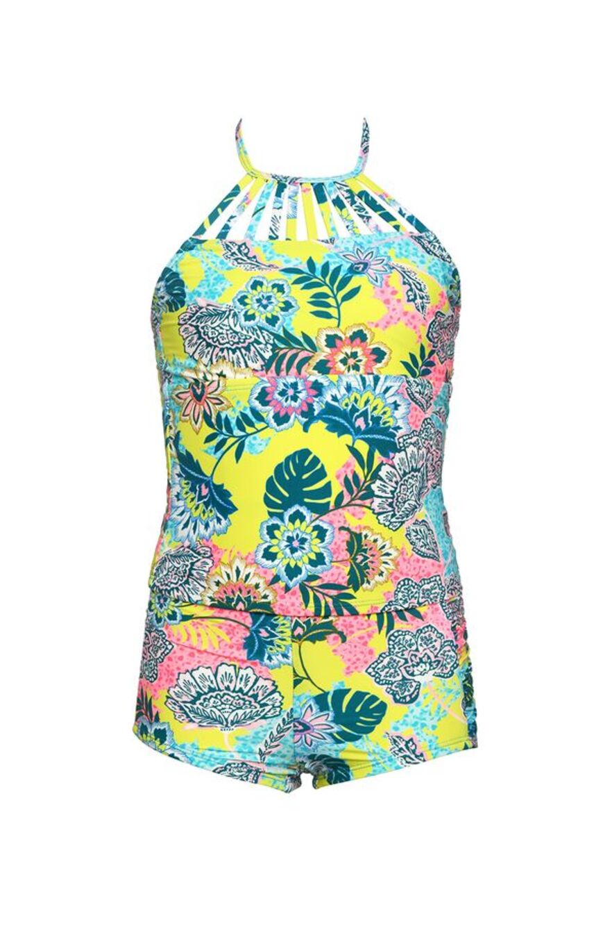 Hobie Girls High Neck Tankini Top Shirred Boy short Swimsuit Mult iVenice Vibes